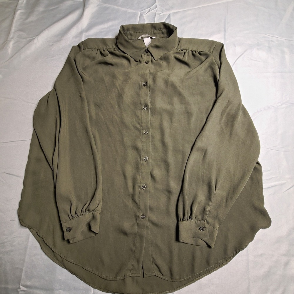 H&M Button Down Blouse Women's Size 14 Deep Forest Green Chiffon Breathable